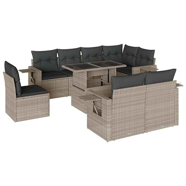 vidaXL Set Divano da Giardino 9pz con Cuscini Grigio Chiaro Polyrattan