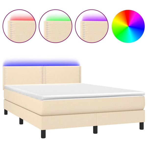 vidaXL Letto a Molle con Materasso e LED Crema 140x200 cm in Tessuto