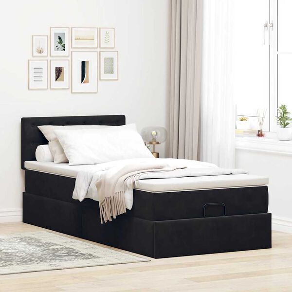 vidaXL Struttura Letto Pouf con Materasso Nero 100x200 cm Velluto