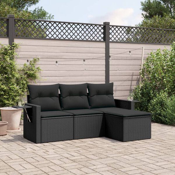 vidaXL Set Divani da Giardino 4 pz con Cuscini Nero in Polyrattan