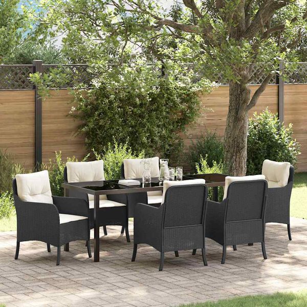 vidaXL Set da Pranzo per Giardino con cuscino 7 pcs Nero polyrattan