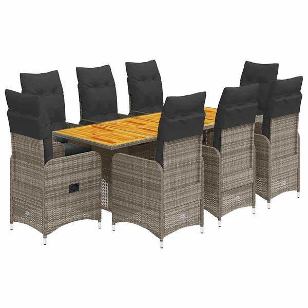 vidaXL Set Bistr&ograve; da Giardino 9 pz con Cuscini in Polyrattan Grigio