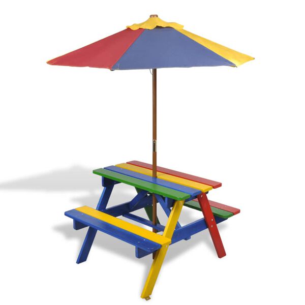 vidaXL Tavolo e Panchine per Bambini con Parasole Legno Multicolore