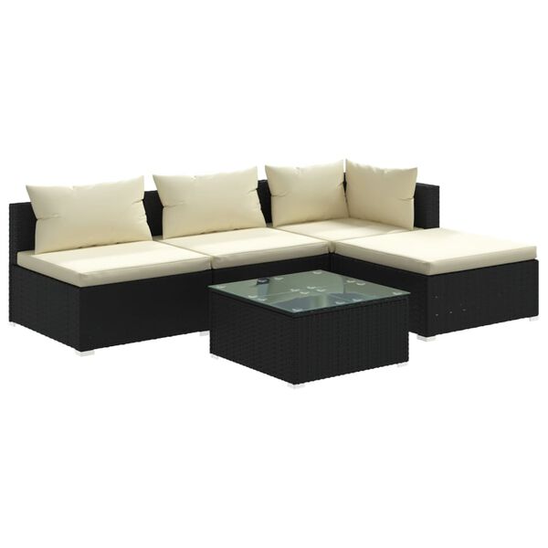 vidaXL Set Divani da Giardino 5 pz con Cuscini in Polyrattan Nero