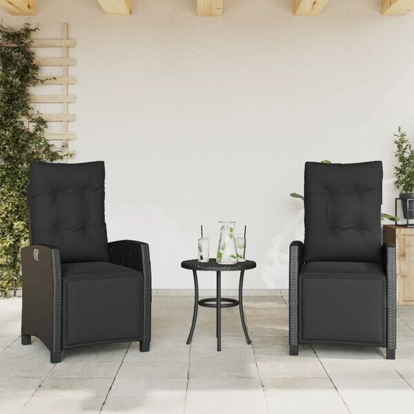 vidaXL Set da Bistr&ograve; 3 pz con Cuscini Nero in Polyrattan