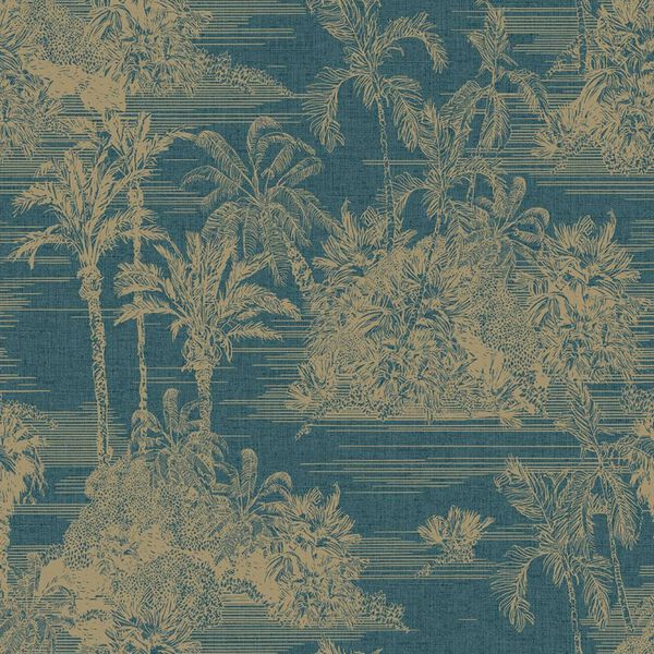 DUTCH WALLCOVERINGS Carta da Parati "Tropical" Blu Scuro e Oro