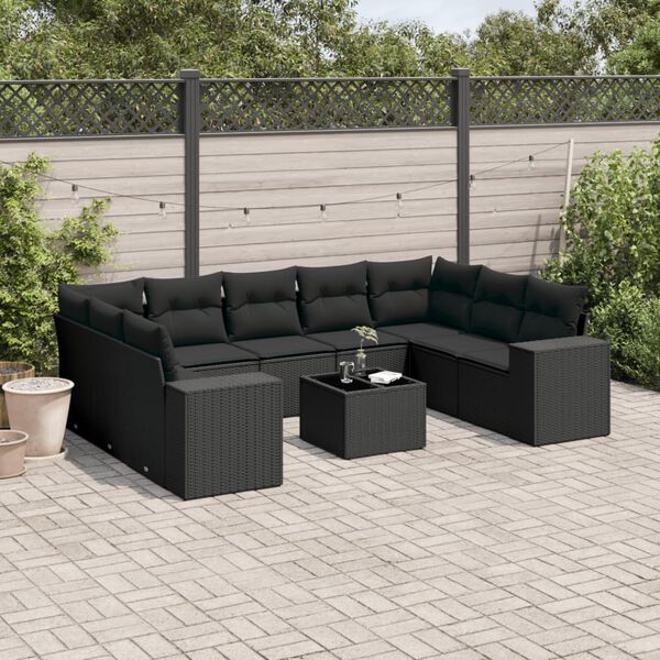 vidaXL Set Divani da Giardino 10pz con Cuscini in Polyrattan Nero