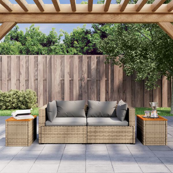 vidaXL Tavolini Giardino 2pz Beige 55x34x37 Polyrattan Legno Massello