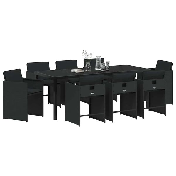 vidaXL Set da Pranzo per Giardino con cuscino 9 pcs Nero polyrattan