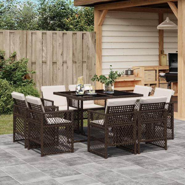 vidaXL Set da Pranzo da Giardino 9pz con Cuscini Marrone in Polyrattan