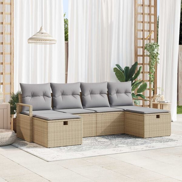 vidaXL Set Divano da Giardino con cuscino 6 pcs Beige Poly Rattan