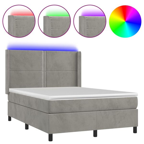 vidaXL Letto a Molle Materasso e LED Grigio Chiaro 140x200 cm Velluto