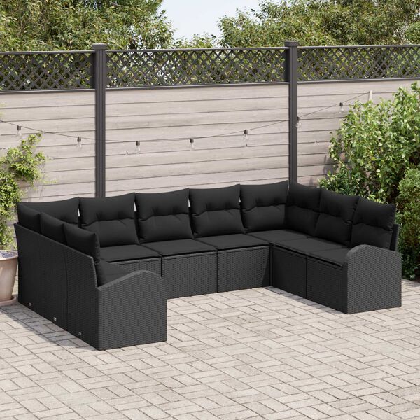 vidaXL Set Divano da Giardino con cuscino 9 pcs Nero Poly Rattan