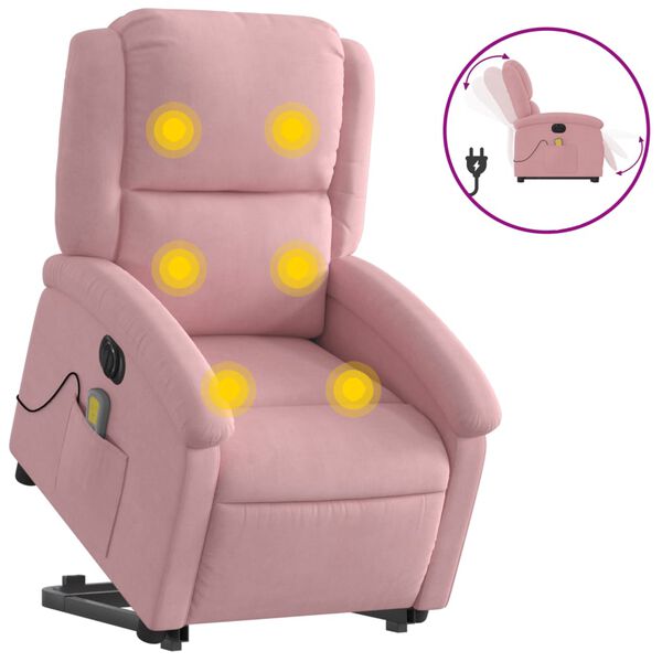 vidaXL Poltrona Alzapersona Massaggi Elettrica Reclinante Rosa Velluto