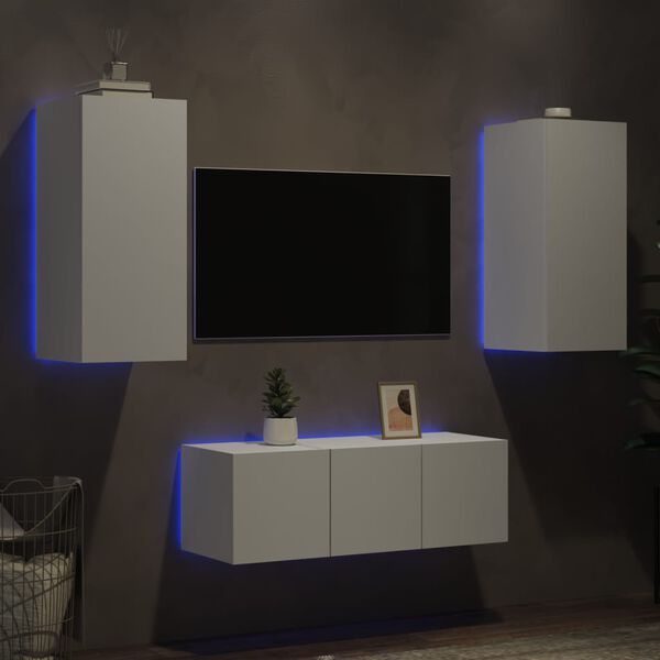 vidaXL Mobili TV a Muro con LED 4pz Bianchi in Legno Multistrato