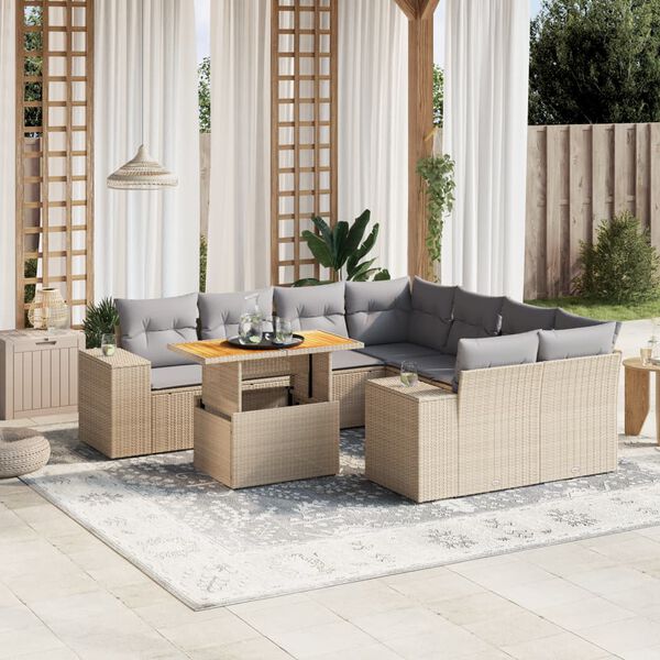 vidaXL Set Divano da Giardino 9 pz con Cuscini Beige in Polyrattan
