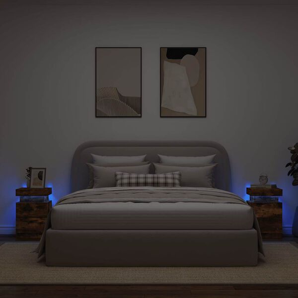 vidaXL Comodini con Luci LED 2pz Rovere Fumo 35x39x55 cm