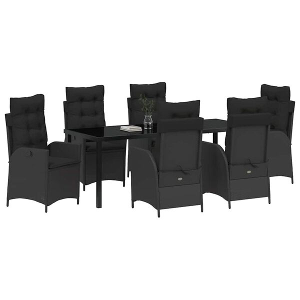 vidaXL Set da Pranzo per Giardino con cuscino 7 pcs Nero polyrattan