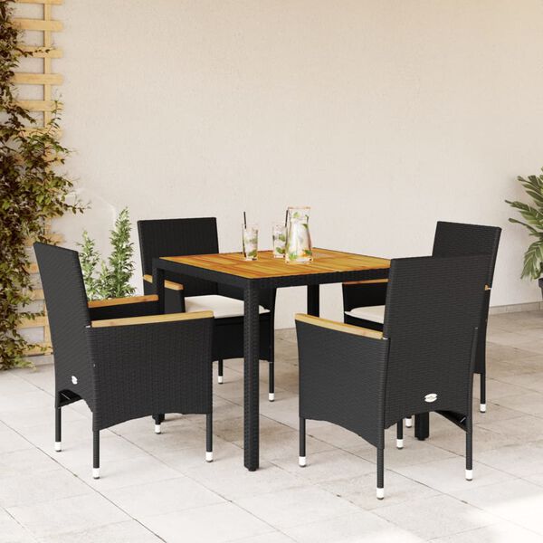 vidaXL Set Pranzo da Giardino 5 pz con Cuscini Nero Polyrattan Acacia
