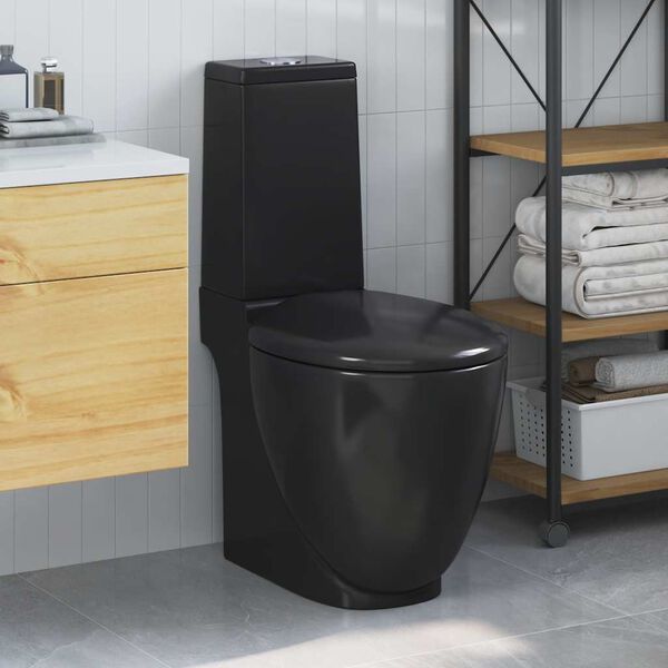 vidaXL Vaso WC in Ceramica da Bagno Rotondo Base con Scarico Nero