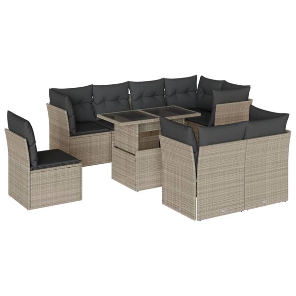 vidaXL Set Divano da Giardino 9pz con Cuscini Grigio Chiaro Polyrattan