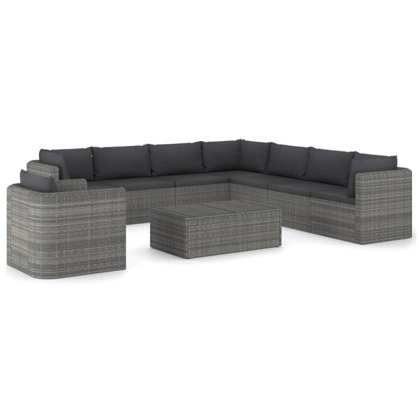 vidaXL Set Divani da Giardino 9 pz con Cuscini in Polyrattan Grigio