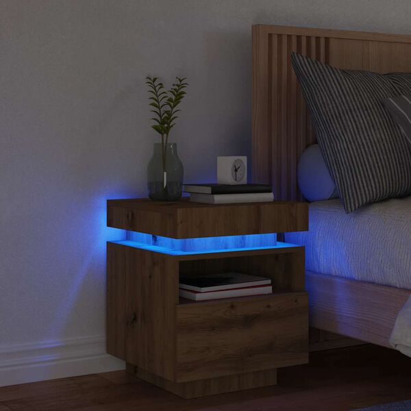 vidaXL Comodino con Luci LED Rovere Artigianale 40x39x48,5 cm