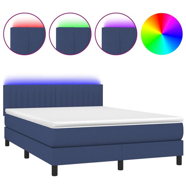 vidaXL Letto a Molle con Materasso e LED Blu 140x200 cm in Tessuto