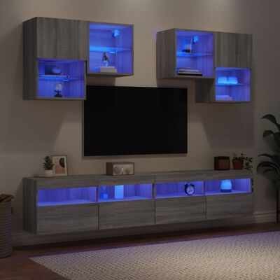 vidaXL Set Mobili TV a Muro 6 pz con Luci LED Grigio Sonoma