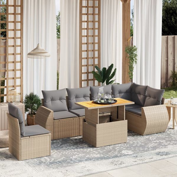 vidaXL Set Divani da Giardino 7 pz con Cuscini Beige in Polyrattan