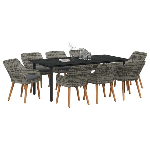 vidaXL Set da Pranzo per Giardino con cuscino 9 pcs Grigio polyrattan