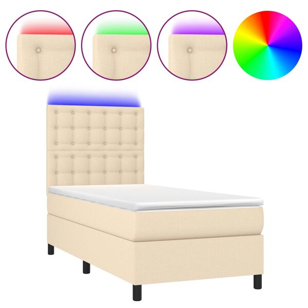 vidaXL Letto a Molle con Materasso e LED Crema 90x200 cm in Tessuto