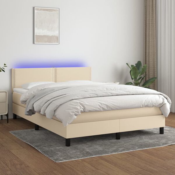 vidaXL Letto a Molle con Materasso e LED Crema 140x190 cm in Tessuto