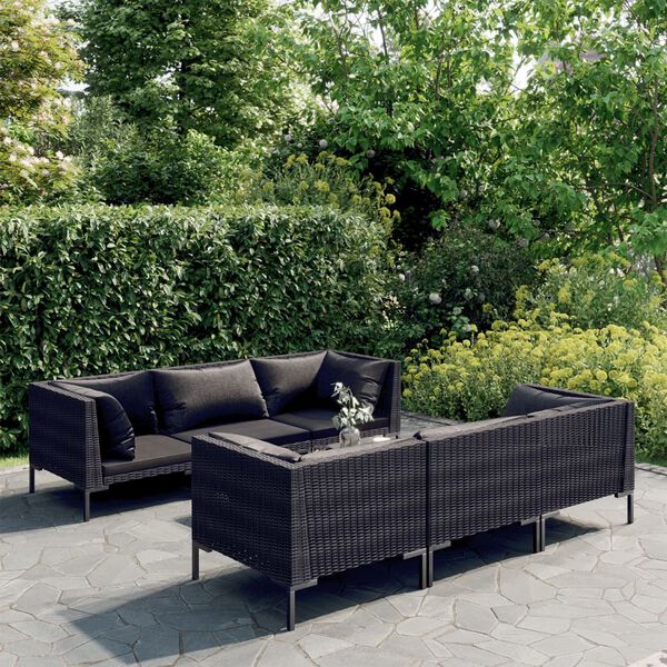 vidaXL Set Divani da Giardino 7 pz con Cuscini Polyrattan Grigio Scuro