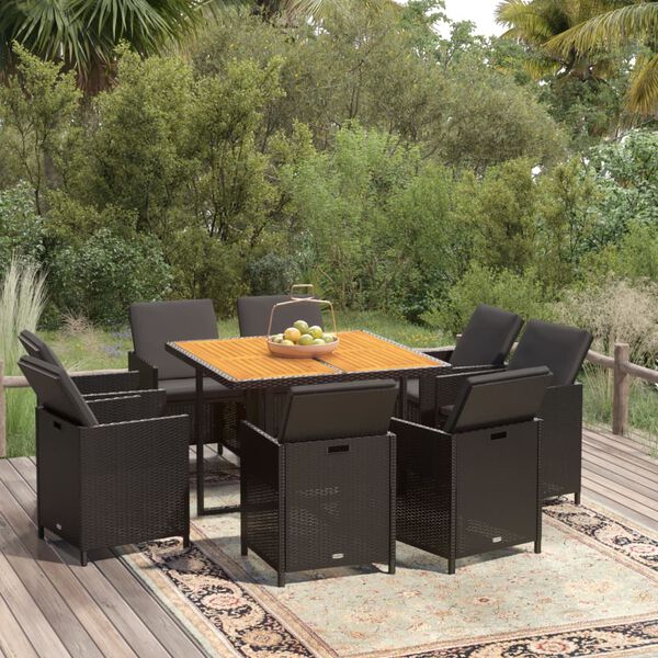 vidaXL Set da Pranzo da Giardino 9 pz con Cuscini Nero in Polyrattan