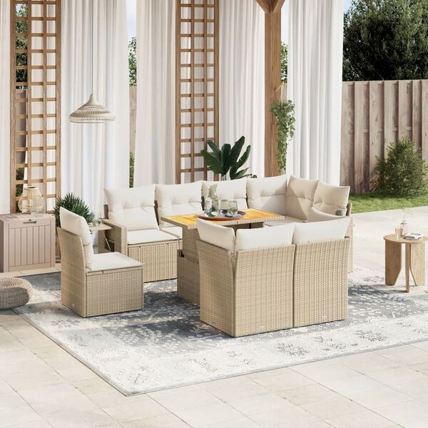 vidaXL Set Divano da Giardino 9 pz con Cuscini Beige in Polyrattan