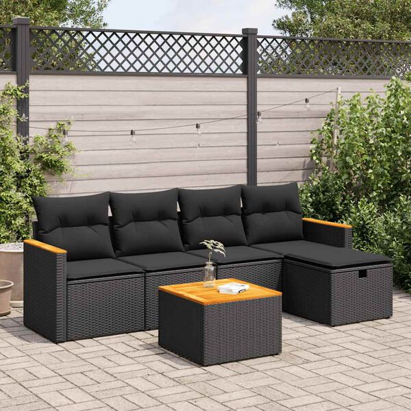 vidaXL Set Divano da Giardino 6 pz con Cuscini Nero in Polyrattan