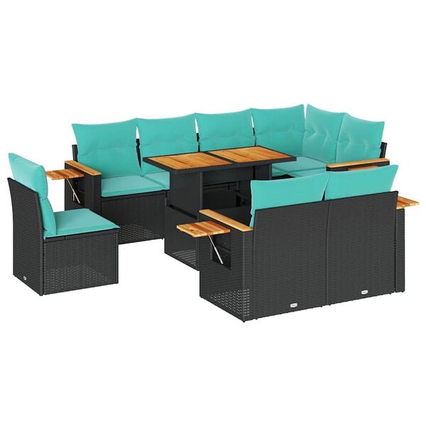 vidaXL Set Divani da Giardino 9 pz con Cuscini Nero Polyrattan Acacia