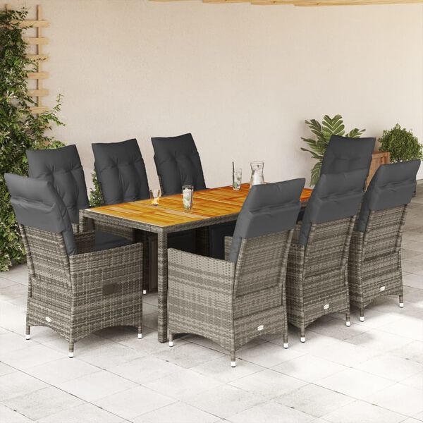 vidaXL Set Bistr&ograve; da Giardino 9 pz con Cuscini in Polyrattan Grigio