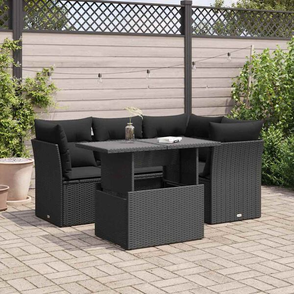 vidaXL Set Divani da Giardino 5 pz con Cuscini in Polyrattan Nero