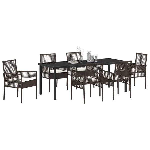 vidaXL Set da Pranzo per Giardino con cuscino 7 pcs Marrone polyrattan