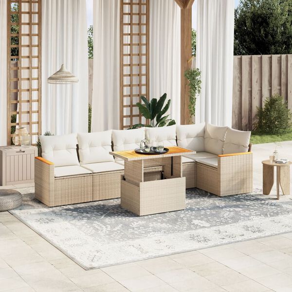 vidaXL Set Divani da Giardino 7 pz con Cuscini Beige in Polyrattan