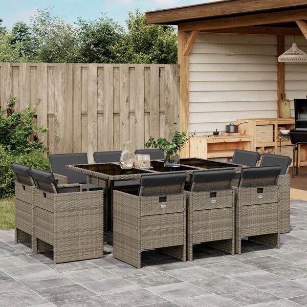 vidaXL Set da Pranzo da Giardino 11pz con Cuscini in Polyrattan Grigio