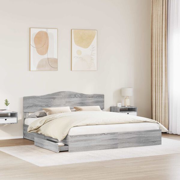 vidaXL Letto con Contenitore con testiera Grigio Sonoma 200 x 200 cm