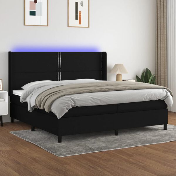 vidaXL Letto a Molle Materasso e LED Nero 200x200cm in Tessuto