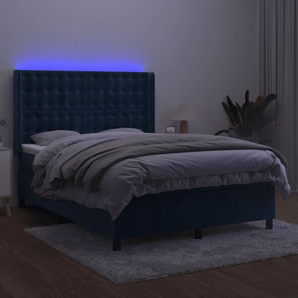 vidaXL Letto a Molle con Materasso e LED Blu Scuro 140x200 cm