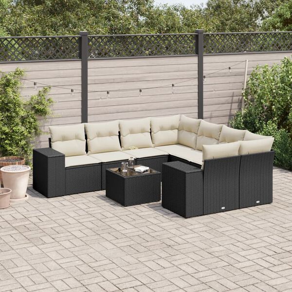 vidaXL Set Divani da Giardino 9 pz con Cuscini Nero in Polyrattan