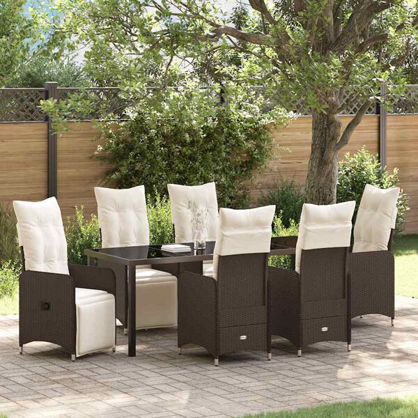 vidaXL Set da Pranzo per Giardino con cuscino 7 pcs Marrone polyrattan