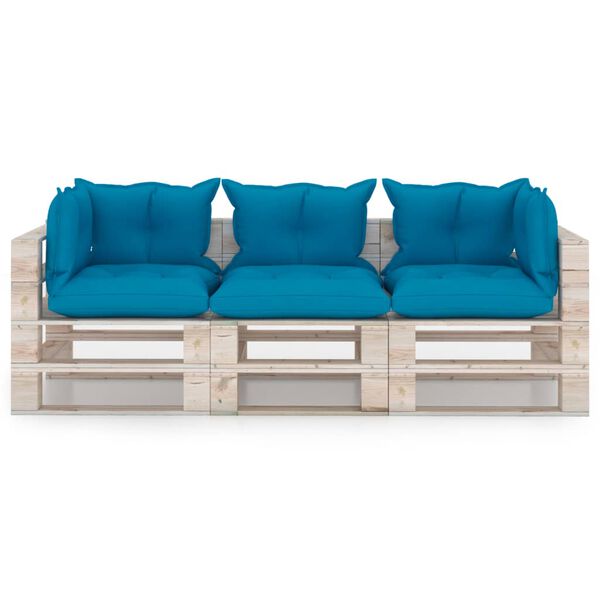 vidaXL Divano da Giardino Pallet 3 Posti con Cuscini in Legno di Pino