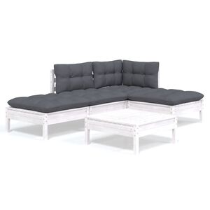 vidaXL Set Divani da Giardino 5 pz con Cuscini Bianchi Legno di Pino